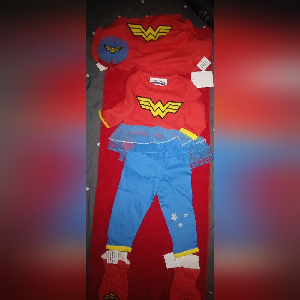 Wonder Woman Baby Costume Set - Red and Blue. Very Cute Everything Included.